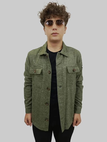 Erkek Cep Detaylı Kışlık Haki Kaşe Gömlek - 10