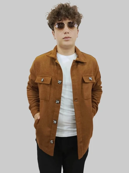 Erkek Cep Detaylı Kışlık Taba Kaşe Gömlek - 11