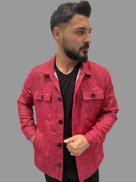 Erkek Cep Detaylı Kışlık Kırmızı Kaşe Gömlek - 2