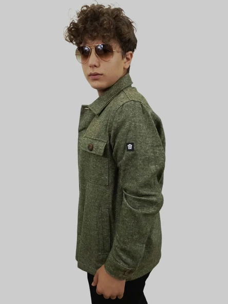 Erkek Cep Detaylı Kışlık Haki Kaşe Gömlek - 7