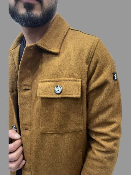 Erkek Cep Detaylı Kışlık Taba Kaşe Gömlek - 6