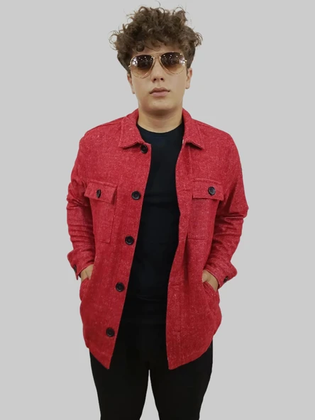 Erkek Cep Detaylı Kışlık Kırmızı Kaşe Gömlek - 9