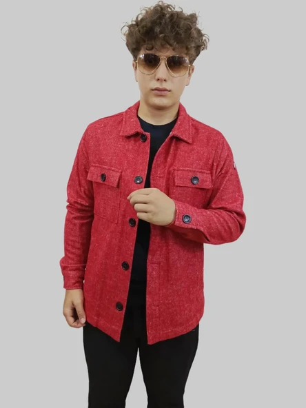 Erkek Cep Detaylı Kışlık Kırmızı Kaşe Gömlek - 10