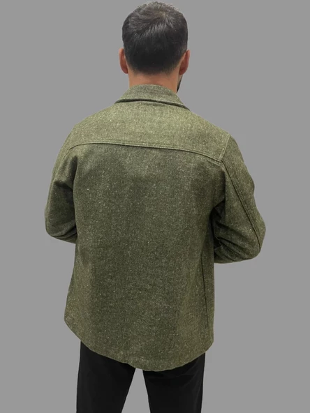 Erkek Cep Detaylı Kışlık Haki Kaşe Gömlek - 5