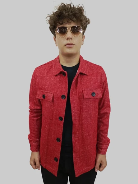 Erkek Cep Detaylı Kışlık Kırmızı Kaşe Gömlek - 11