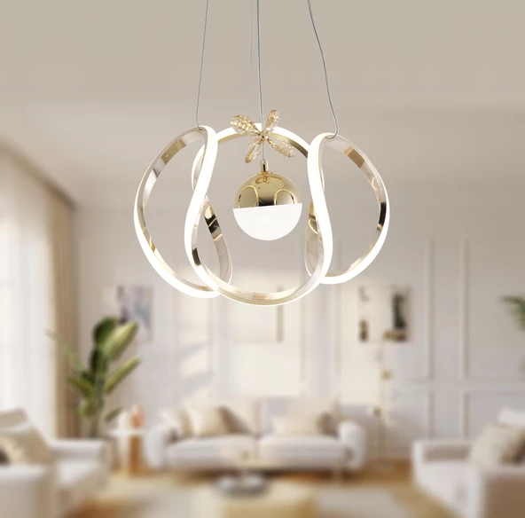 TT Aydınlatma TT306-TPL-FSR  Kavis Modeli Fransız Sarı Kaplama Tek Toplu 3 Renk Modüllü Ledli Avize - Resim 2