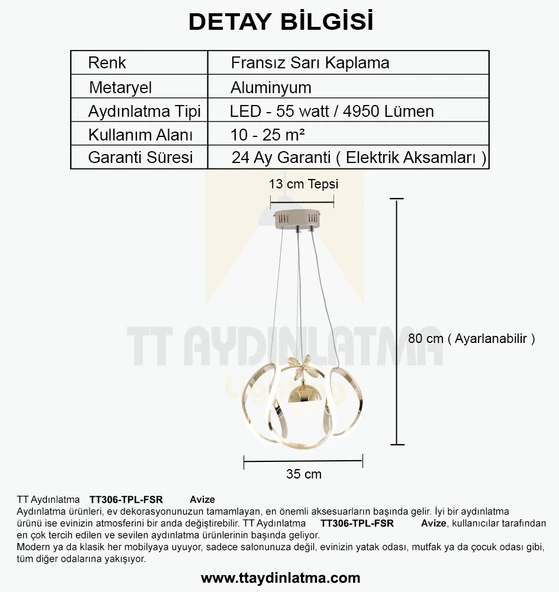 TT Aydınlatma TT306-TPL-FSR  Kavis Modeli Fransız Sarı Kaplama Tek Toplu 3 Renk Modüllü Ledli Avize - Resim 4
