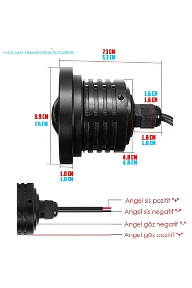 Fiat Doblo D1 Uyumlu, Universal Mercekli Led Angel Sis Farı, 76mm Buz Mavi Renk - 5
