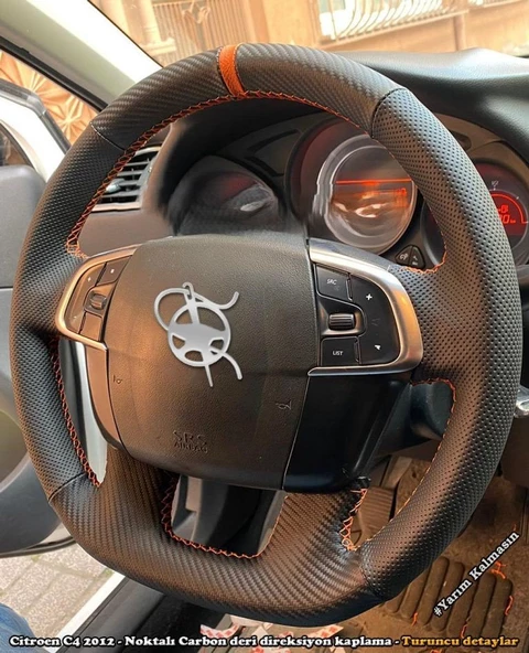 Citroen C4 2012 Araca Özel Direksiyon Kılıfı (NOKTA KARBON TURUNCU YÜZÜK)