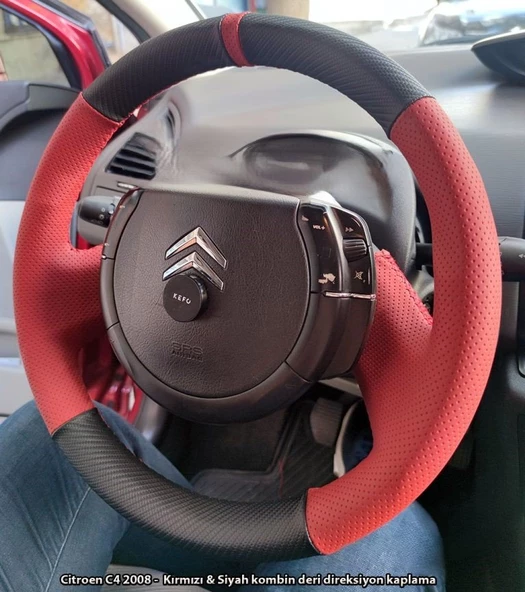 Citroen C4 2008 Araca Özel Direksiyon Kılıfı (SOFT KIRMIZI KARBON YÜZÜKLÜ) - Resim 2