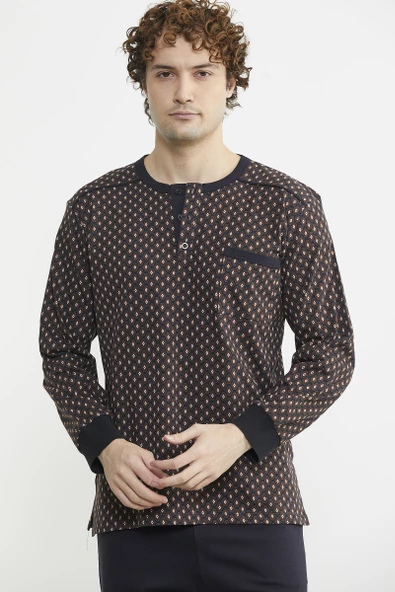 Desen Kombinli Cepli Pijama Takım - Kahve - 2