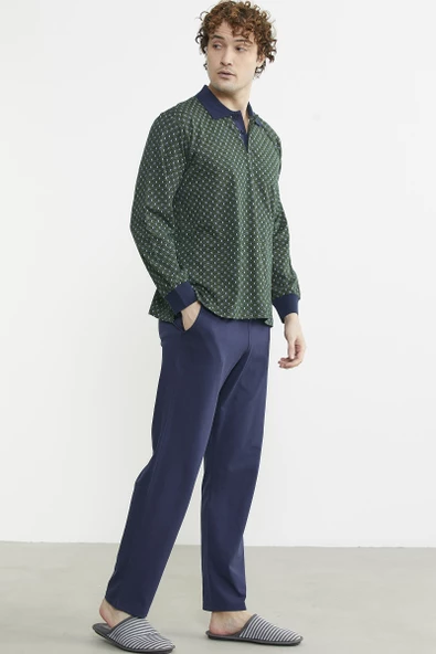 Polo Yaka Desen Kombinli Pijama Takım - Yeşil - 5