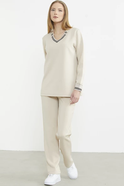 Scuba Yaka Detaylı Eşofman Takım - Bej - Resim 4