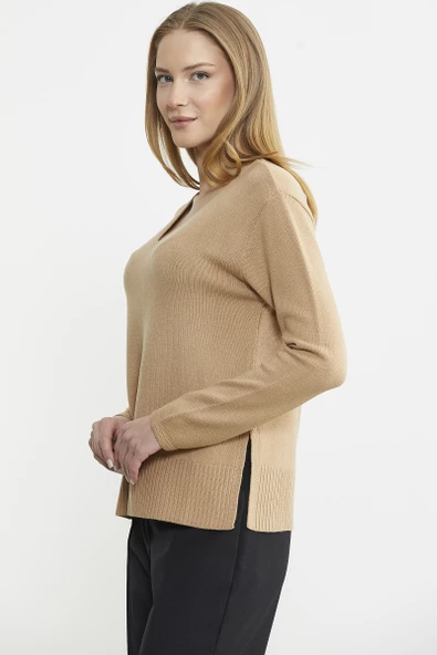 Salaş V Yaka Basic Triko Kazak - Kamel - Resim 4