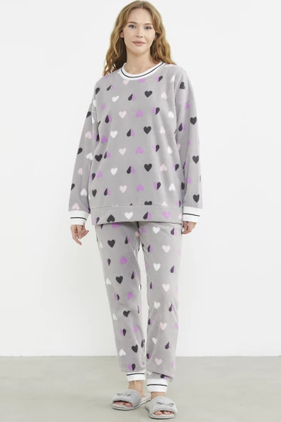 Desenli Oversize Polar Pijama Takım - Gri