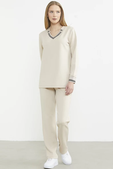 Scuba Yaka Detaylı Eşofman Takım - Bej - Resim 2