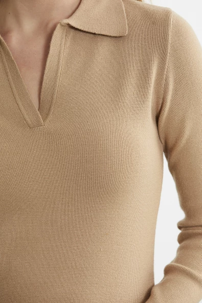 Patlı Polo Yaka Basic Triko Elbise - Bej - Resim 4