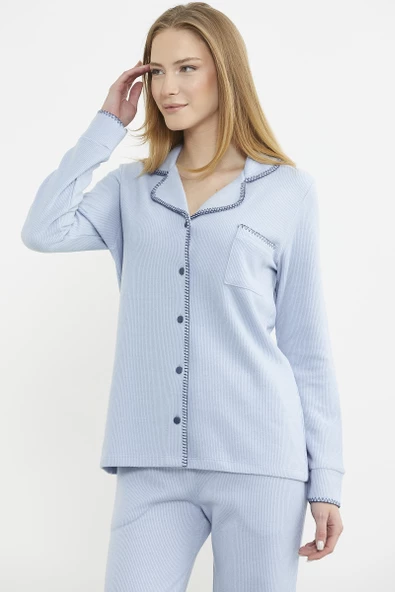 Düğmeli Gömlek Model Pijama Takım - Mavi - 2