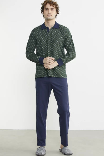 Polo Yaka Desen Kombinli Pijama Takım - Yeşil - 3