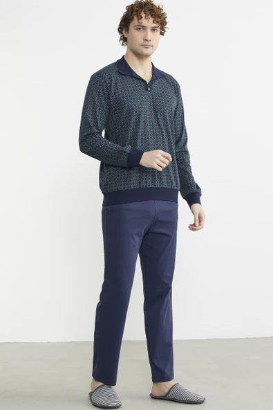 Rahat Kalıp Desenli Pijama Takım - Yeşil - 3