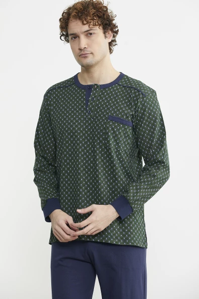 Desen Kombinli Cepli Pijama Takım - Yeşil - 2