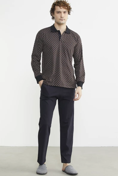Polo Yaka Desen Kombinli Pijama Takım - Kahve - 2