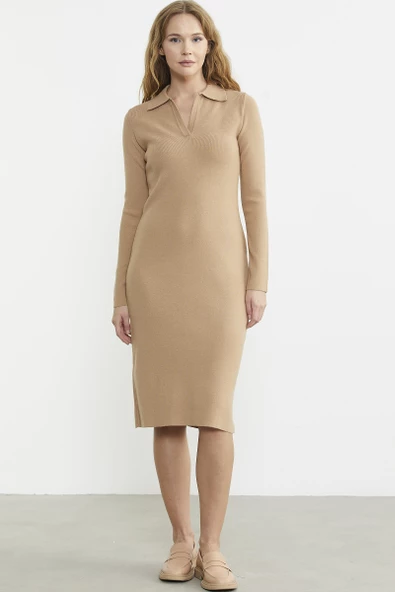Patlı Polo Yaka Basic Triko Elbise - Bej - Resim 3