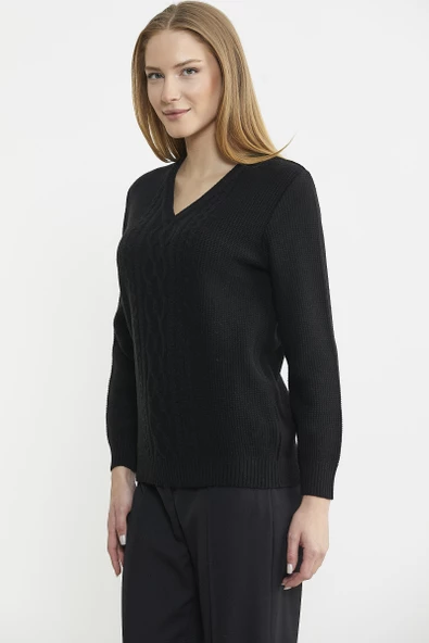 V Yaka Motifli Yünlü Triko Kazak - Siyah - 3