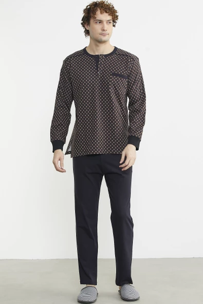 Desen Kombinli Cepli Pijama Takım - Kahve - 3