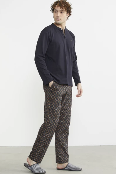 Düğmeli Desen Kombinli Pijama Takım - Kahve - 5