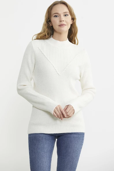 Dik Yaka Motifli Triko Kazak - Kemik - Resim 2