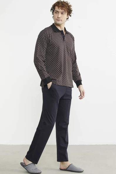 Polo Yaka Desen Kombinli Pijama Takım - Kahve - 4