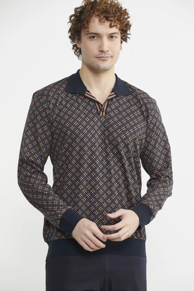 Rahat Kalıp Desenli Pijama Takım - Kahve - 2