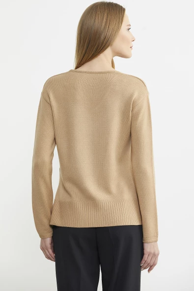 Salaş V Yaka Basic Triko Kazak - Kamel - Resim 5