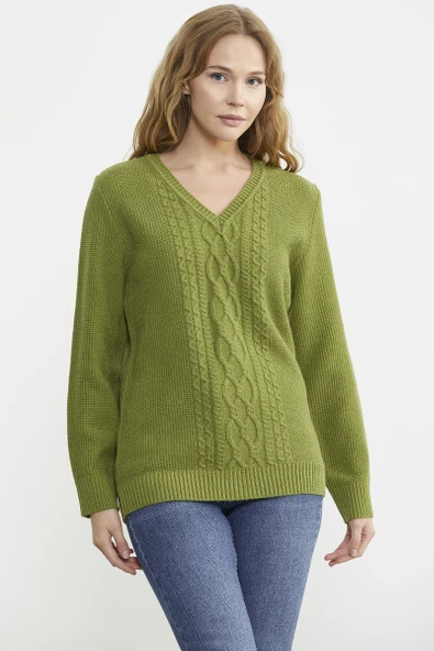 V Yaka Motifli Yünlü Triko Kazak - Yeşil - Resim 4