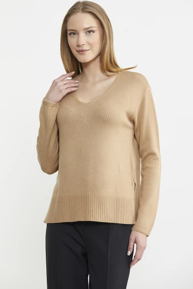 Salaş V Yaka Basic Triko Kazak - Kamel - Resim 3