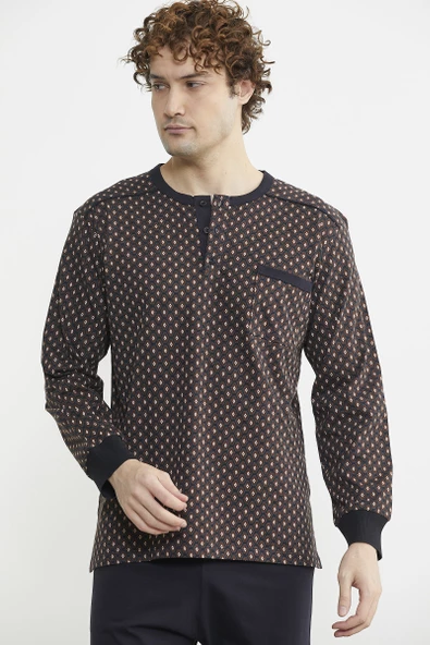 Desen Kombinli Cepli Pijama Takım - Kahve - 4