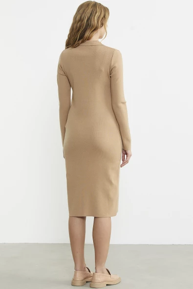 Patlı Polo Yaka Basic Triko Elbise - Bej - Resim 5