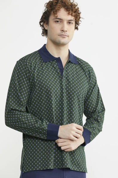 Polo Yaka Desen Kombinli Pijama Takım - Yeşil - 4