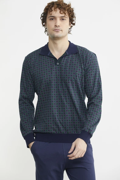 Rahat Kalıp Desenli Pijama Takım - Yeşil - 5