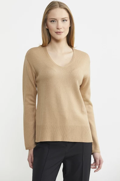 Salaş V Yaka Basic Triko Kazak - Kamel ürün görseli 1