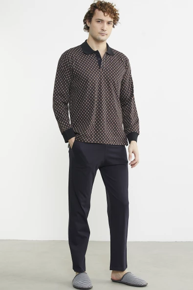 Polo Yaka Desen Kombinli Pijama Takım - Kahve - 3