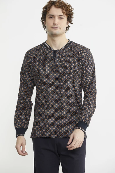 Desenli Pamuk Pijama Takım - Kahve - 5