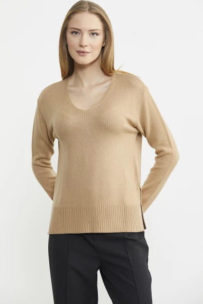 Salaş V Yaka Basic Triko Kazak - Kamel - Resim 2
