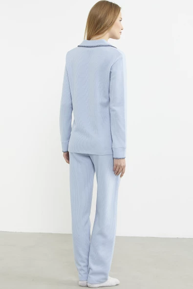 Düğmeli Gömlek Model Pijama Takım - Mavi - 6
