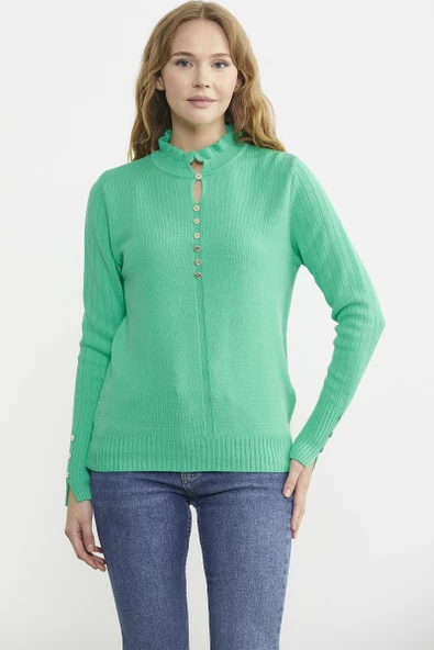Metal Düğme Detaylı Triko Kazak - Yeşil ürün görseli 1