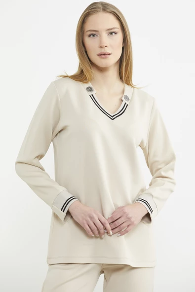 Scuba Yaka Detaylı Eşofman Takım - Bej - Resim 3