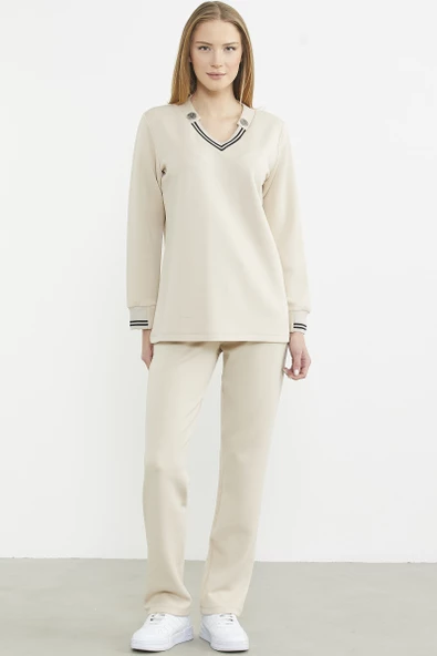 Scuba Yaka Detaylı Eşofman Takım - Bej ürün görseli 1