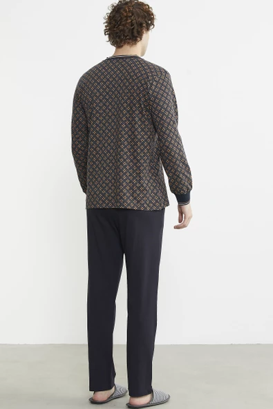 Desenli Pamuk Pijama Takım - Kahve - 6