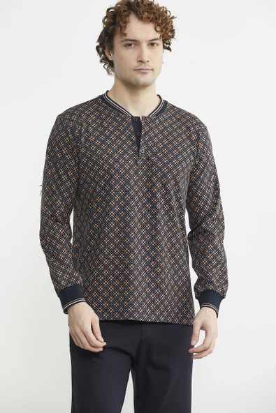 Desenli Pamuk Pijama Takım - Kahve - 2